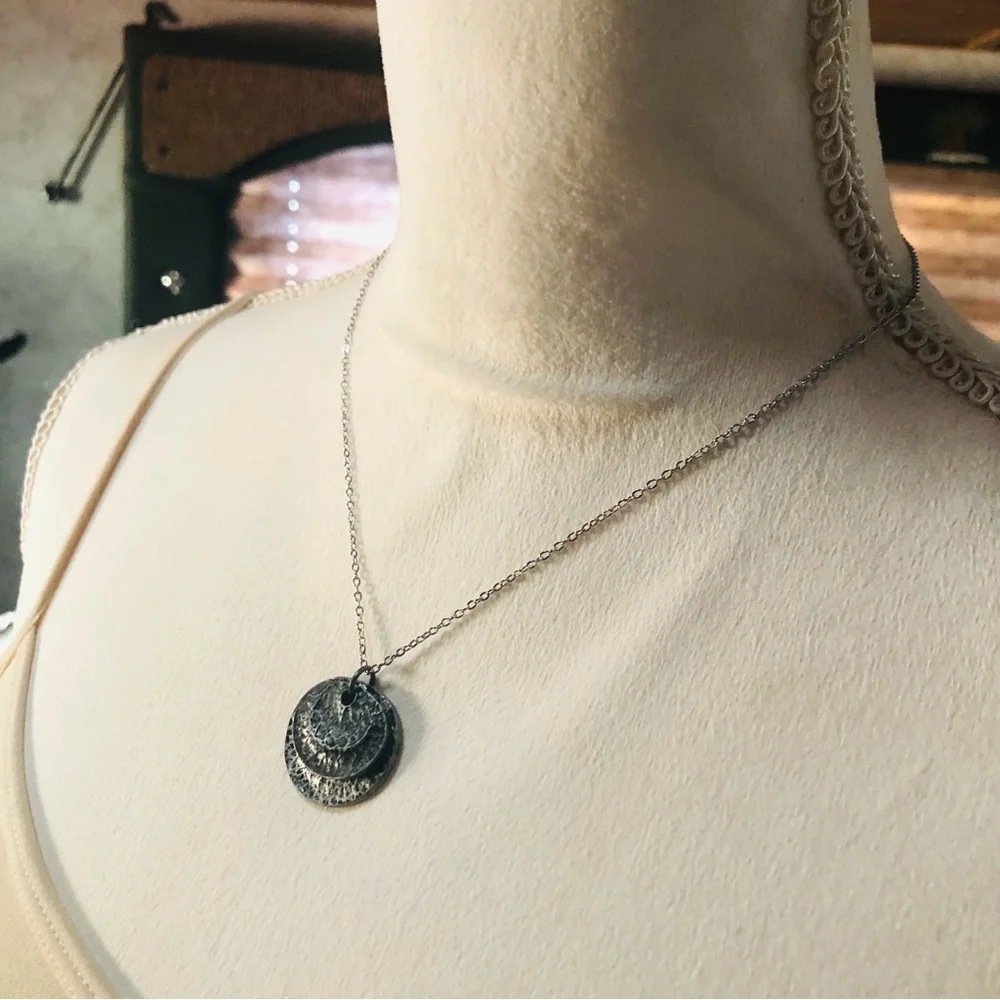 Handcrafted dual layer hammered metal pendant on chain necklace